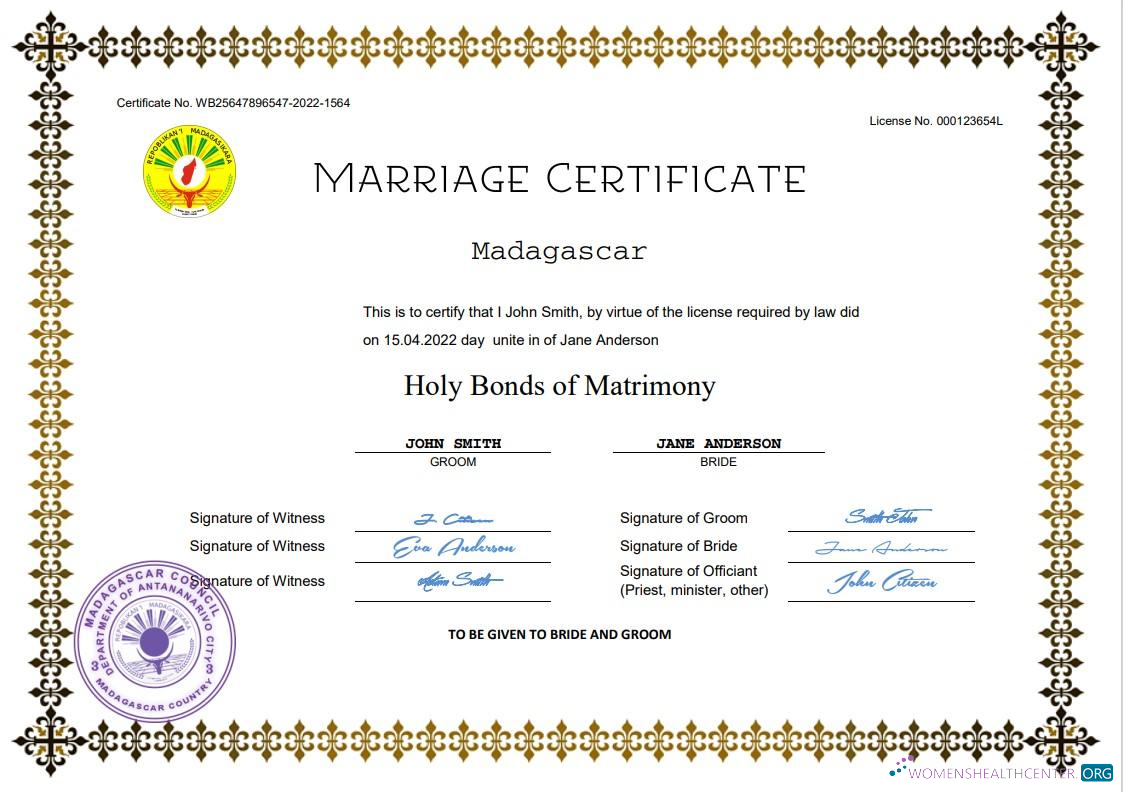 Download Madagascar marriage certificate Word and PDF template Photoshop template